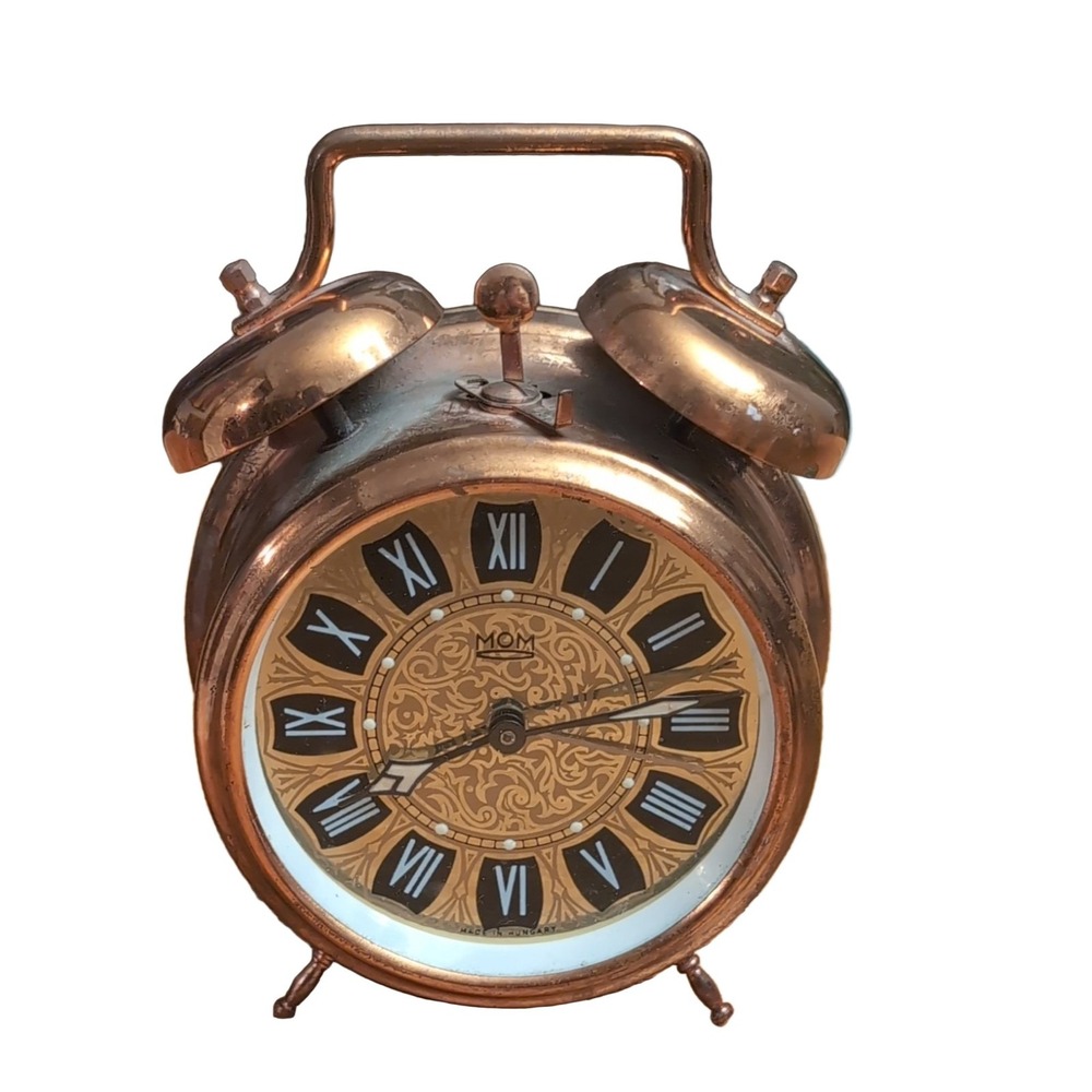 MOM Alarm Clock Bell Copper Metal Wind Up Analog Roman Numerals Mechanical